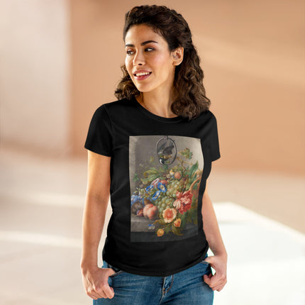 Still Life With Flowers, Fruit, A Great Tit And A Mouse by Herman Henstenburgh Women's Midweight Cotton Tee