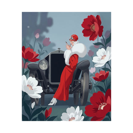 ❤️🚘 The Lady Of The Red Roadster Matte Vertical Poster – Art Deco Motoring Elegance
