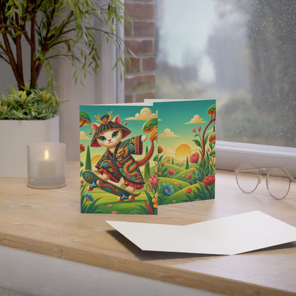 🐉🛹 The Dragon Skateboard Kitten Greeting Card – Whimsical Enchanted Garden
