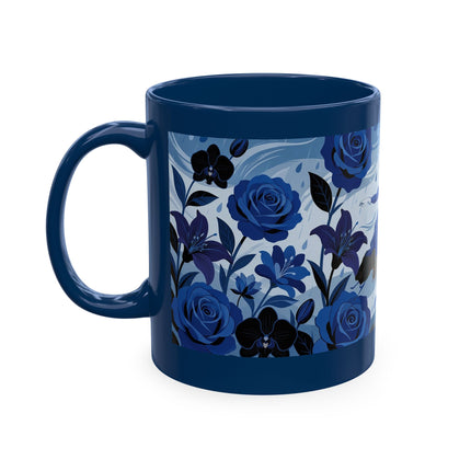 ☔💙 The Lady In The Blue Rain Garden Ceramic Mug – Art Deco Floral Elegance