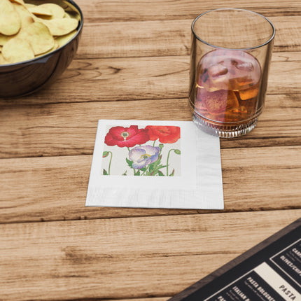 Poppies by Tanigami Kônan White Coined Napkins – Bold Blooms & Japanese Woodblock Elegance