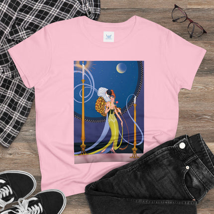 Smoke and Secrets: A Glamorous Encounter in Prohibition Era Women's Midweight Cotton Tee