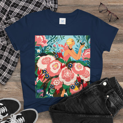 🌸🐦 The Girl Of The Little Birds Cotton Tee – Art Deco Floral Whimsy