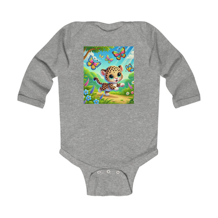 Butterfly Chase Leopard Cub Baby Long Sleeve Bodysuit – Whimsical Meadow Adventure Design