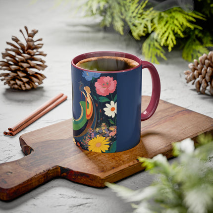 The Lady And The Crimson Moonbird Colorful Mugs – Art Deco Whimsical Garden Elegance