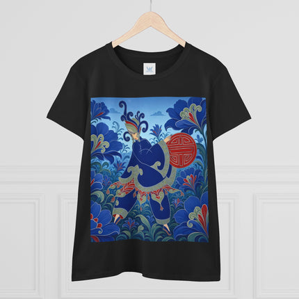 💙🌺 The Imperial Blue Garden Cotton Tee – Art Deco Oriental Elegance