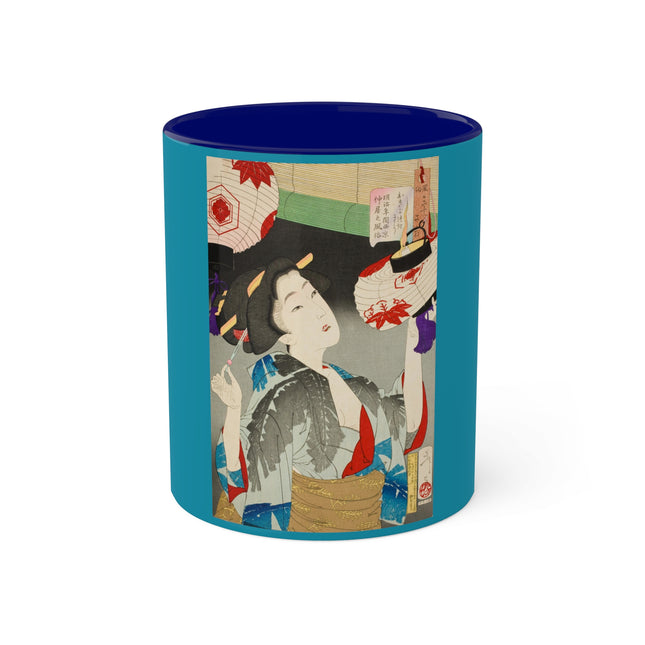 Looking Observant; The Appearance of a Kyoto Waitress of the Meiji Era by Tsukioka Yoshitoshi Colorful Mugs, 11oz