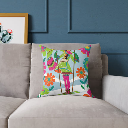 🌸⛷️ The Winter Flower Adventurer Square Pillow – Colorful Winter Ski Fantasy