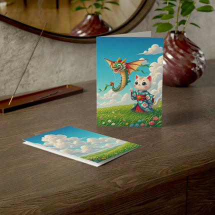 🐉🌼 The Dragon Kite Meadow Kitten Greeting Card – Whimsical Floral Adventure