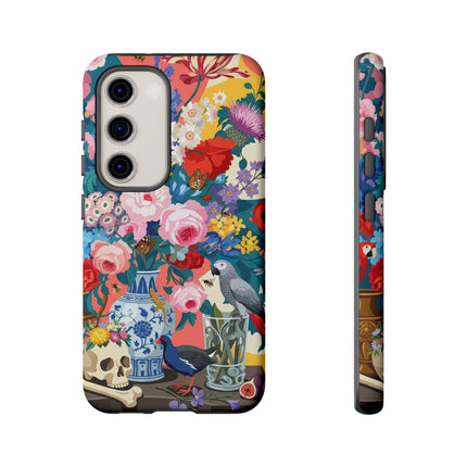 Floral Vanitas Phone Case – Parrot & Porcelain Splendor
