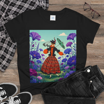 🌺✨ The Enchanted Flower Promenade Cotton Tee – Art Deco Fashion Whimsy