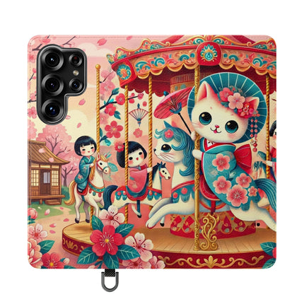 🎠🌸 Geisha Kitten's Enchanted Carousel Flip Case – Whimsical Dreams & Cherry Blossom Magic