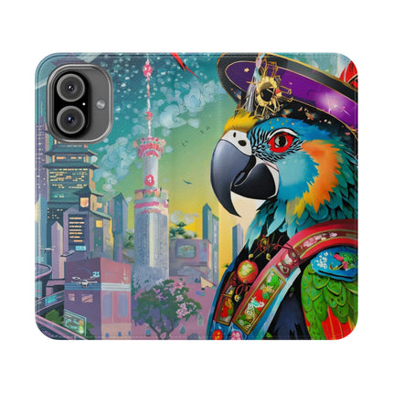 🦜⚡ Tech Plumes Flip Case – Neon Feathers & Futuristic Brilliance