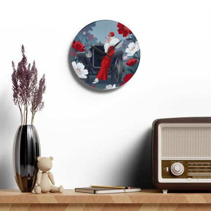 🚗🌺 The Lady Of The Scarlet Roadster Acrylic Wall Clock – Art Deco Motoring Elegance