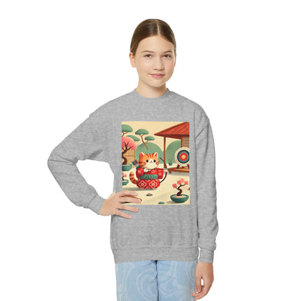 Archer Kitten in the Zen Garden Youth Crewneck Sweatshirt – Focus, Calm & Playful Precision