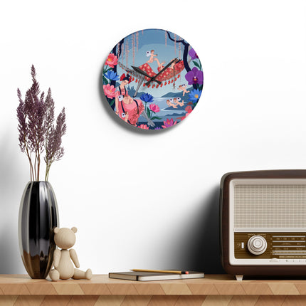 🌸🪽 The Garden Of Little Cupids Acrylic Wall Clock – Art Deco Floral Fantasy