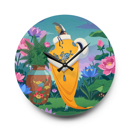 🌺✨ The Lady Of The Golden Lotus Garden Acrylic Wall Clock – Art Deco Floral Fantasy