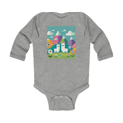 Alpine Alpaca Adventure Baby Long Sleeve Bodysuit – Whimsical Andes Alpaca Mountain Design