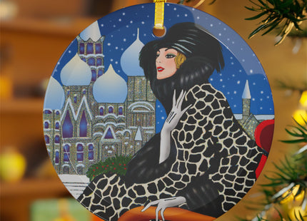 Elegant Winter Woman in Sleigh Glass Ornament