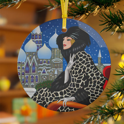 Elegant Winter Woman in Sleigh Glass Ornament