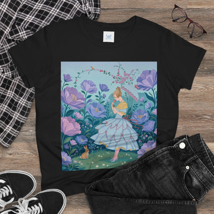 🌸🐇 The Secret Blossom Garden Cotton Tee – Art Deco Spring Whimsy