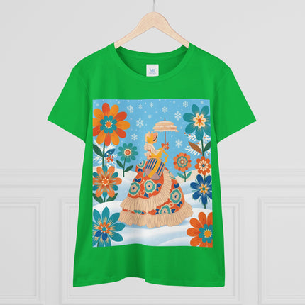 🌼❄️ The Winter Parasol Lady Cotton Tee – Art Deco Floral Fantasy