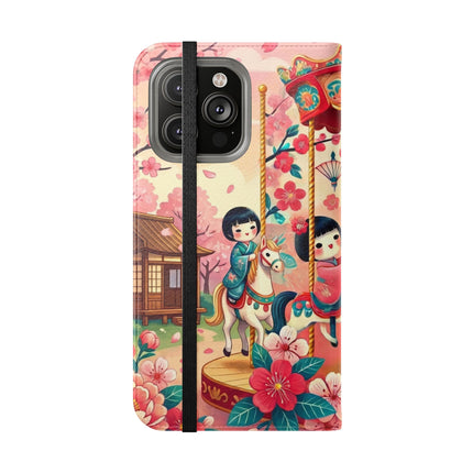 🎠🌸 Geisha Kitten's Enchanted Carousel Flip Case – Whimsical Dreams & Cherry Blossom Magic