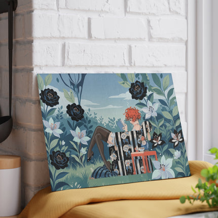 📚🌹 The Red-Haired Reader Glass Cutting Board – Art Deco Floral Garden