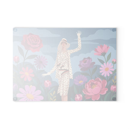 🌹☁️ The Lady Of The Rose Garden Glass Cutting Board – Art Deco Floral Fashion Elegance