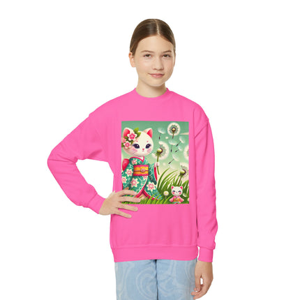 Geisha Kitten and the Dandelion Wish Youth Crewneck Sweatshirt – Gentle Magic, Dreams & Quiet Beauty