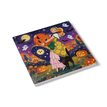 🎃🐈‍⬛ The Pumpkin Moon Embrace Ceramic Coaster – Whimsical Halloween Charm