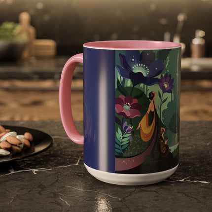 The Lady Of The Moonlit Fountain Colorful Mugs – Art Deco Botanical Serenity