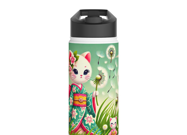 Geisha Kitten and the Dandelion Wish Stainless Steel Water Bottle, Standard Lid