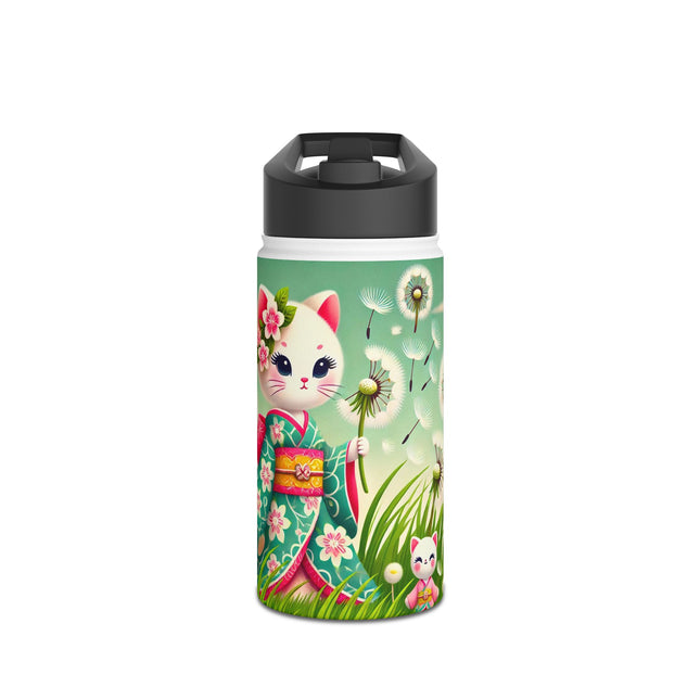 Geisha Kitten and the Dandelion Wish Stainless Steel Water Bottle, Standard Lid