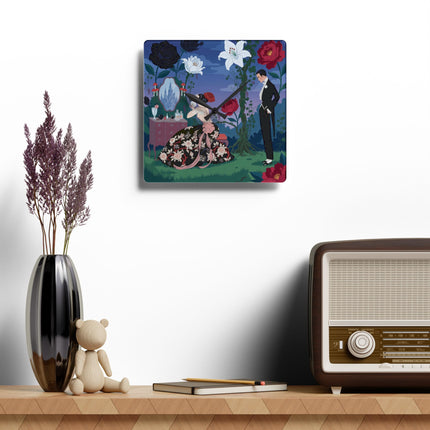 🌹🪞 The Lady Of The Midnight Garden Vanity Acrylic Wall Clock – Art Deco Floral Romance