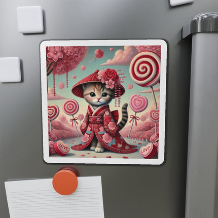 Whimsical Geisha Kitten in a Valentine Garden Die-Cut Magnets (5 Sizes)