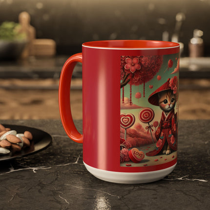 Whimsical Geisha Kitten in a Valentine Garden Colorful Mugs (11oz, 15oz)