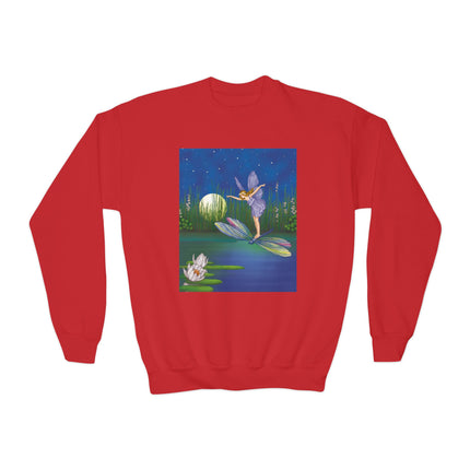 Fairy on a Dragonfly Youth Crewneck Sweatshirt – Enchanting Moonlit Fantasy