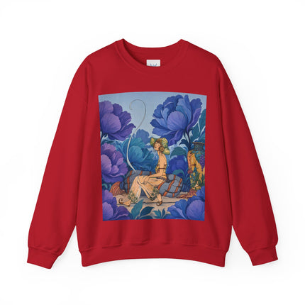 💙🌸 The Lady Among The Blue Blossoms Crewneck Sweatshirt – Art Deco Floral Reverie