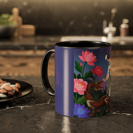 The Lady And The Garden Dragon Colorful Mugs – Art Deco Mythical Botanical Elegance