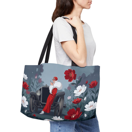 🚗🌺 The Lady Of The Grand Touring Car Weekender Tote Bag – Art Deco Motoring Elegance