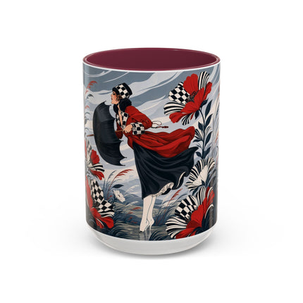 ☔🌹 The Scarlet Checkerboard Rainstorm Colorful Mug – Art Deco Floral Elegance