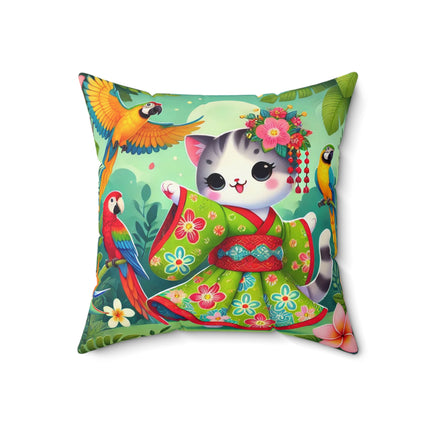 Parrot Dance of the Geisha Kitten Spun Polyester Square Pillow