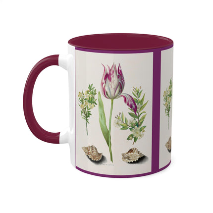 Tulip, Branches of Myrtle and Shells by Maria Sibylla Merian Colorful Mugs, 11oz