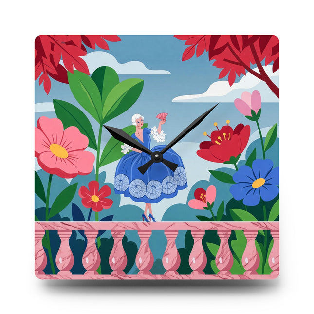 🌺🪭 The Lady Of The Grand Garden Terrace Acrylic Wall Clock – Art Deco Floral Elegance