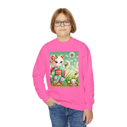 Geisha Kitten and the Dandelion Wish Youth Crewneck Sweatshirt – Gentle Magic, Dreams & Quiet Beauty