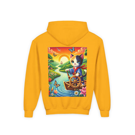 Sailor Kitten’s River Adventure Youth Hooded Sweatshirt – Playful Journey & Colorful Discovery