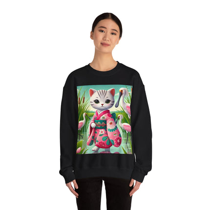 Geisha Kitten Strolls Among the Spoonbills  Unisex Heavy Blend™ Crewneck Sweatshirt
