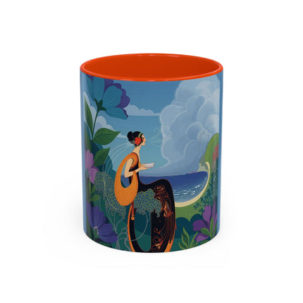 The Lady And The Sea Breeze Colorful Mugs – Art Deco Coastal Serenity