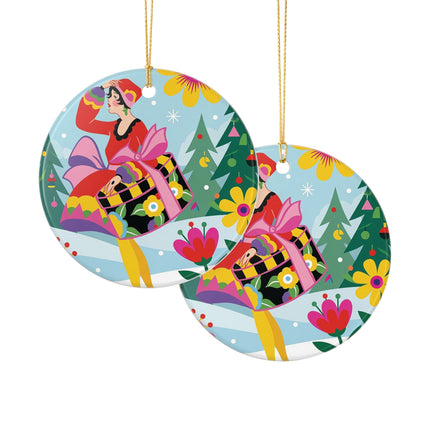 🌸🎄 Christmas In The Winter Garden Ceramic Ornament – Whimsical Holiday Fantasy